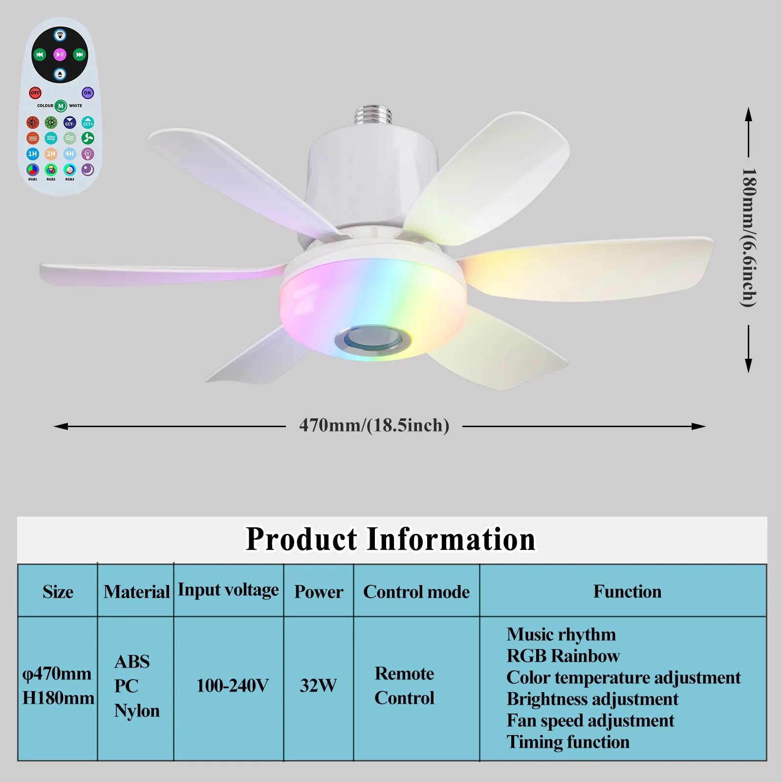 RGB Ceiling Fan with LED Light and Music Remote Fan Lighting 2-in-1 for Bedroom Dining Room Kitchen Home Cooling Appliance