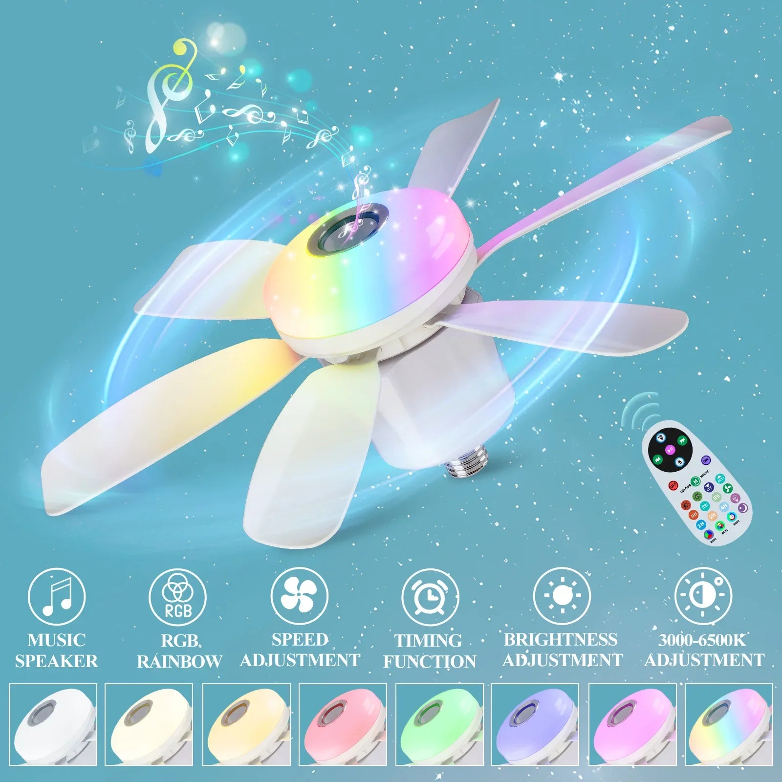RGB Ceiling Fan with LED Light and Music Remote Fan Lighting 2-in-1 for Bedroom Dining Room Kitchen Home Cooling Appliance