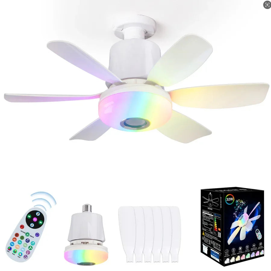 RGB Ceiling Fan with LED Light and Music Remote Fan Lighting 2-in-1 for Bedroom Dining Room Kitchen Home Cooling Appliance