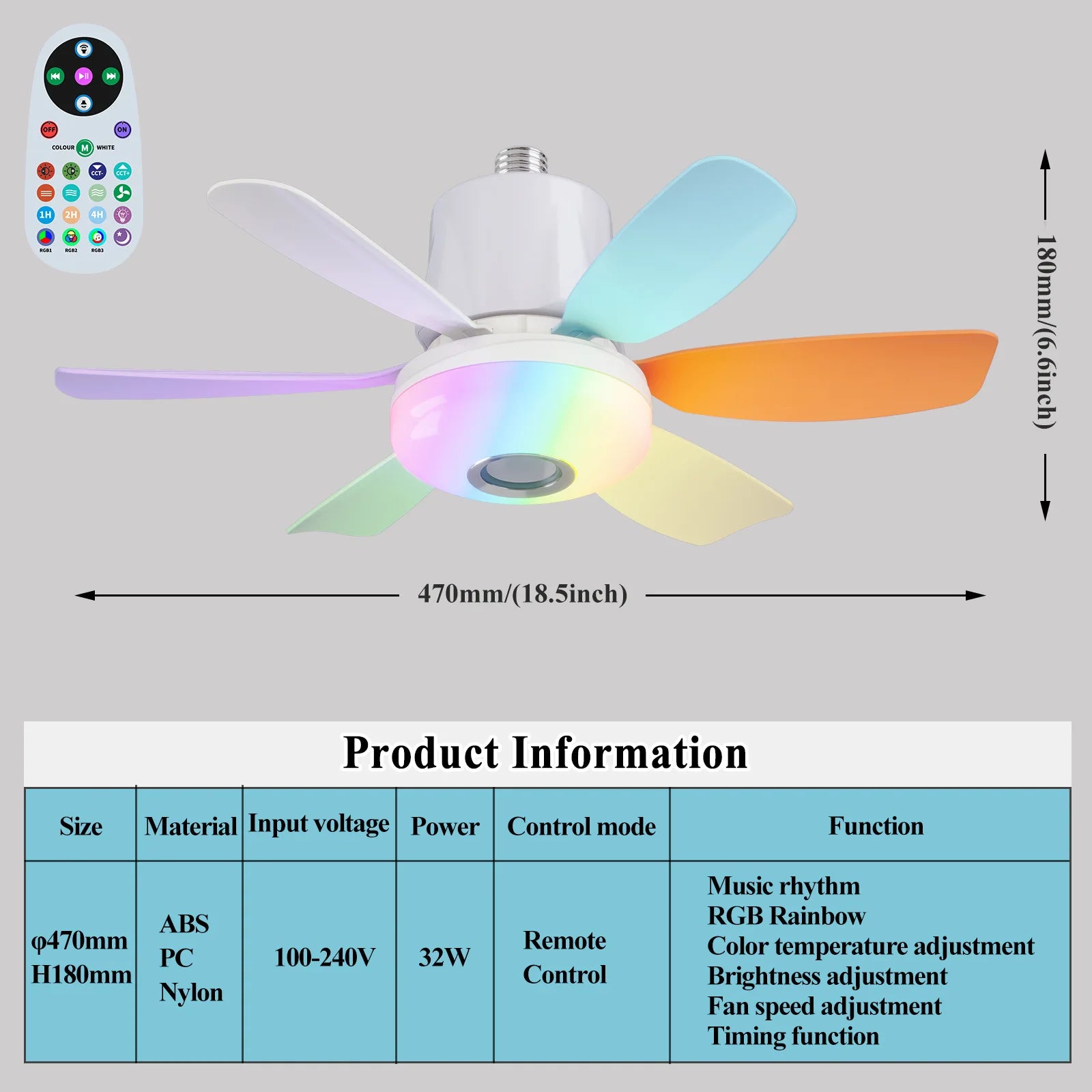 RGB Ceiling Fan with LED Light and Music Remote Fan Lighting 2-in-1 for Bedroom Dining Room Kitchen Home Cooling Appliance