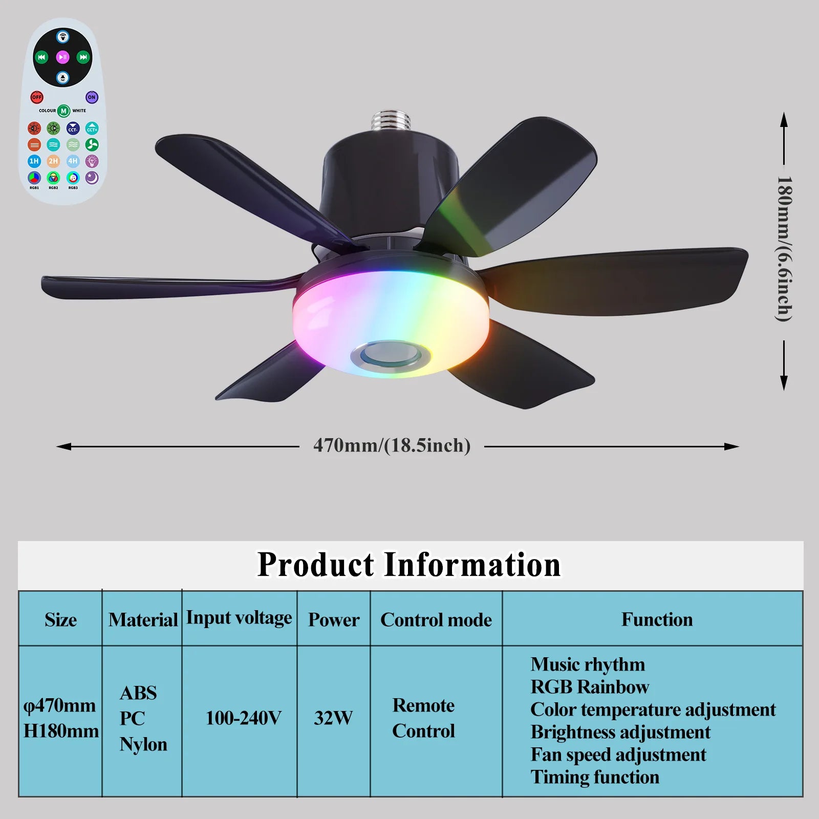 RGB Ceiling Fan with LED Light and Music Remote Fan Lighting 2-in-1 for Bedroom Dining Room Kitchen Home Cooling Appliance