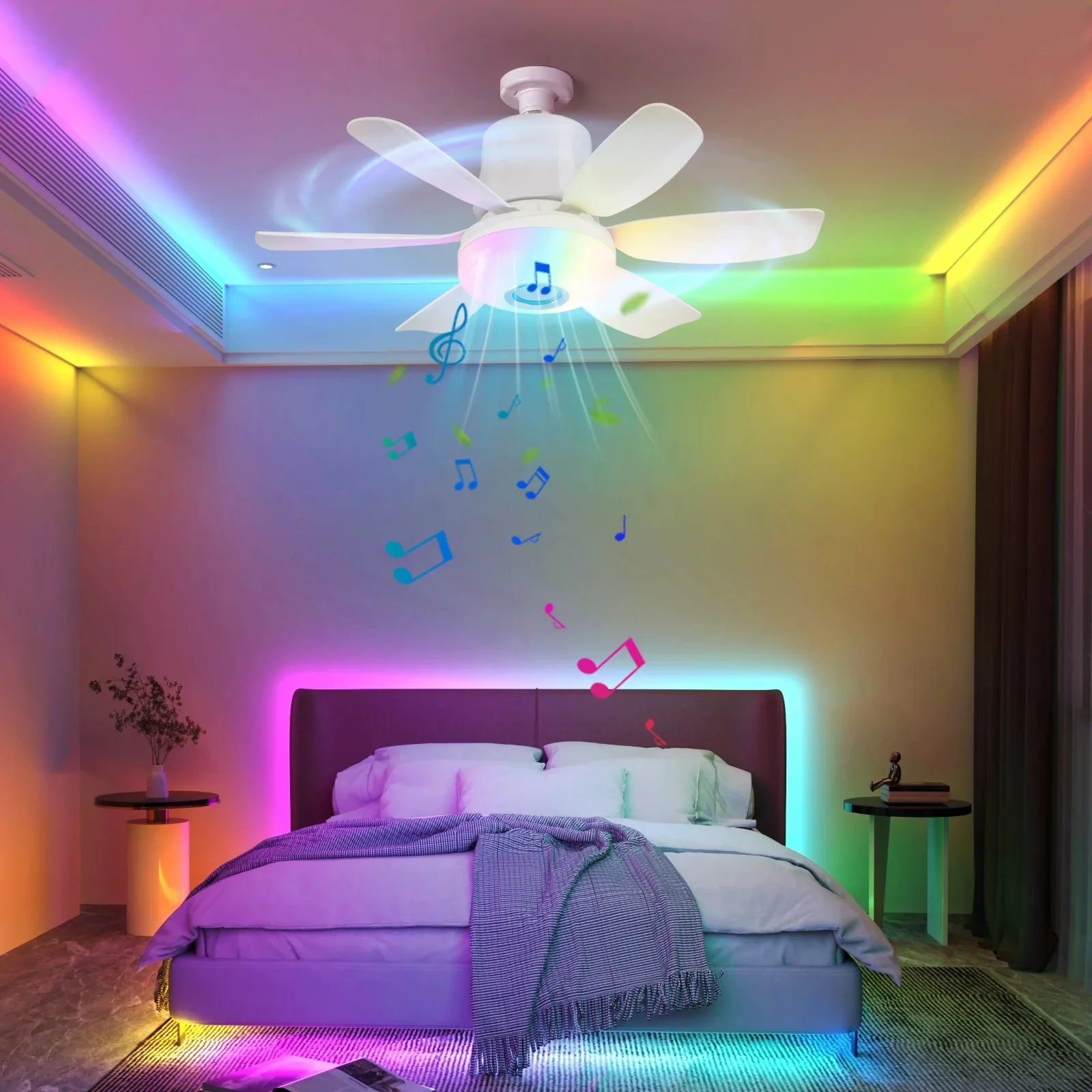 RGB Ceiling Fan with LED Light and Music Remote Fan Lighting 2-in-1 for Bedroom Dining Room Kitchen Home Cooling Appliance