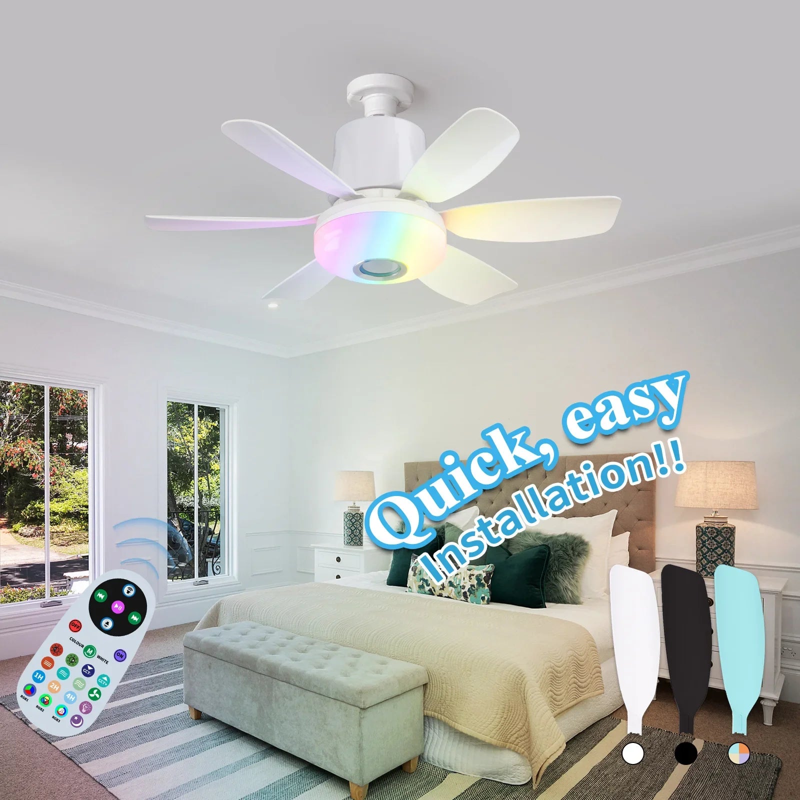 RGB Ceiling Fan with LED Light and Music Remote Fan Lighting 2-in-1 for Bedroom Dining Room Kitchen Home Cooling Appliance